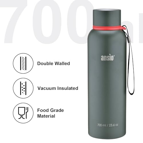 ANSIO Water Bottle,Vacuum Flask & Stainless Steel Water Bottle Double Walled Insulated Drinks Bottle Hot & Cold BPA Free Outdoor Sports Camping Hiking Cycling (700 ML, Dark Green)