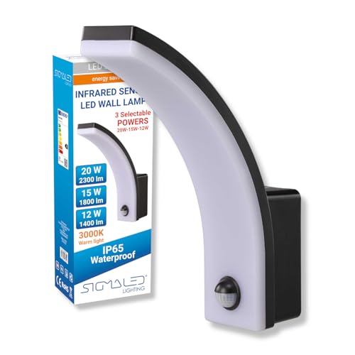 Sigmaled lighting, Lampada da Esterno con Sensore di Movimento Crepuscolare Disinseribile, Applique da Esterno IP65 Resistente Intemperie, 3 Potenze Selezionabili 20W 15W 12W, Luce Calda, Nera