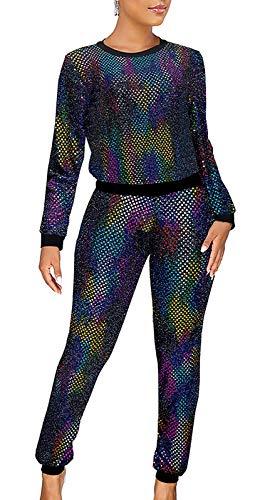 LKOUS Women's 2 Piece Nightclub Outfit Glitter Metallic Sequins Long Sleeve Pullover Top + Shiny Long Pant Sets Clubwear