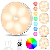 Wireless Warm White Motion Sensor Step Lights, 8 Colors Changeable RGB LED Closet Lights USB Rechargeable Battery Operated Puck Lights with Remote, Dimmable Under Cabinet Counter Lighting (5 Pack)