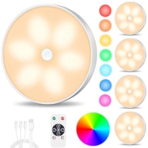 Motion Sensor Step Lights, 8 Colors Changeable RGB LED Closet Lights, USB Rechargeable Battery Operated Puck Light, Dimmable Under Cabinet Counter Kitchen Stair Lighting (5 Pack)