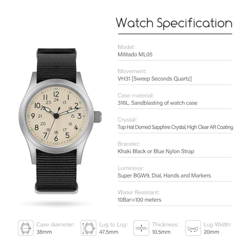 Image of Militado ML05 38mm VH31 Quartz Watch - Domed Sapphire Crystal Field Watch C3 Super Luminous Retro Sweep Wrist Watch for Men 100M Waterproof