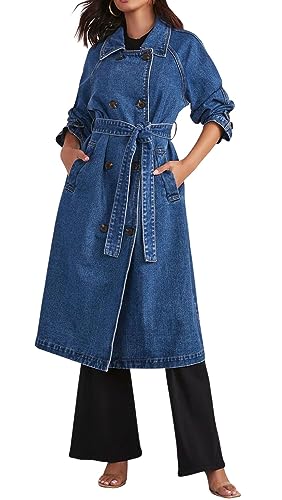 CHARTOU Women's Casual Double Breasted Long Denim Trench Coat Jean Jacket Trenchcoat with Belt Duster Coat