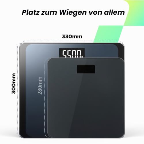 RunStar Digitale Personenwaage, Tragkraft bis 250 kg, 8 mm Sicherheitsglas, hochpräzise Sensoren, mit extragroßer Trittfläche und großem LCD-Display, Step-on-Technologie, Blau-Schwarz