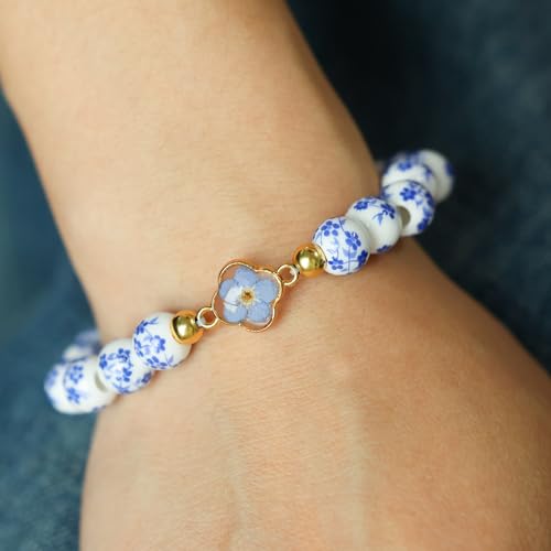Moluonaqi Handmade Blue And White Porcelain Bead Bracelet With Pressed Forget-Me-Not Flower thumb #4