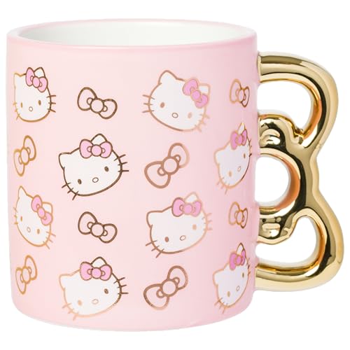 Opiniones de Tazas de hello kitty de esta semana. 50 Silver Buffalo Hello Kitty - Taza de cerámica con diseño de caras y lazos dorados y rosados, 20 onzas