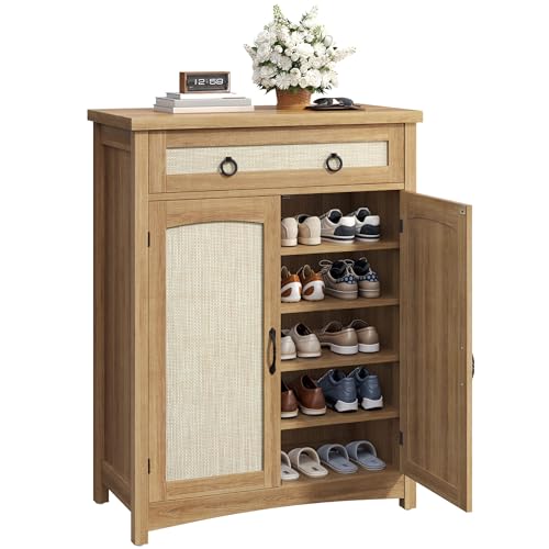 DWVO 5-Tier Rattan Shoe Storage Cabinet, Farmhouse Shoes Rack Cabinet with Adjustable Shelf, 43" Tall Wood Shoe Organizer with Drawer & Doors for Entryway Hallway Living Room Closet (Oak)