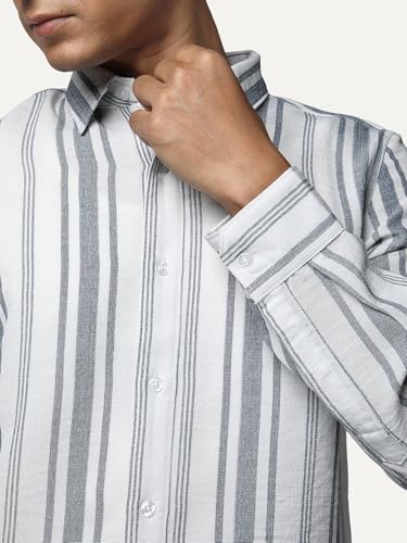 Image of Urbano Fashion Men's Cotton Full Sleeve Relaxed Fit Linen Striped Shirt with Spread Collar