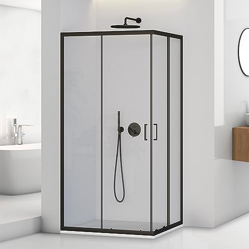 Box Doccia Angolare 100x70 Cm Con Doppia Porta Scorrevole In Vetro Temperato Trasparente E Profili Neri - Cabina Doccia Moderna Linea Tay