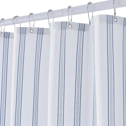 ORTIGIA Blue and White Striped Shower Curtain with 12 Metal