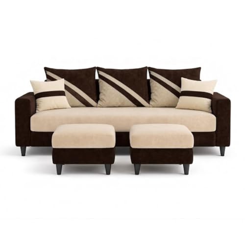 Image of SLEEPIFY Covelle 3 Seater Sofa Set with 2 Ottoman (Dark Brown - Cream) | Premium Soft Velvet | Plush Comfort Cushions | Modern Living Room Sofa | Spacious Comfortable Seating