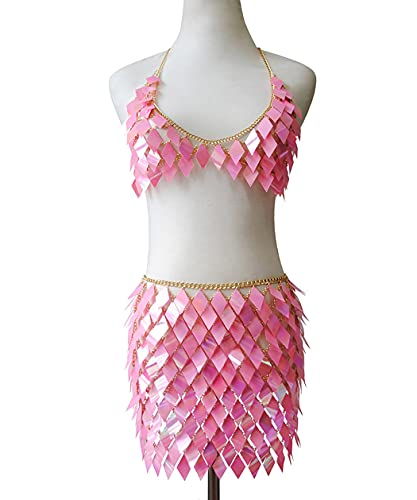 Fstrend Sequins Skirt Outfits Tassel Belly Dance Bra Hip Scarf Rave Festival Fringe Crop Top Skirts Set For Women And Girls(Pink) #TOP1