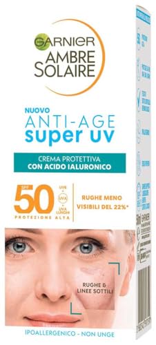 Garnier Crema Viso Protettiva Anti-Age Super UV, Per Pelli Sensibili, Protezione SPF 50, Ad Assorbimento Rapido, Con Acido Ialuronico, Ambre Solaire, 50 ml