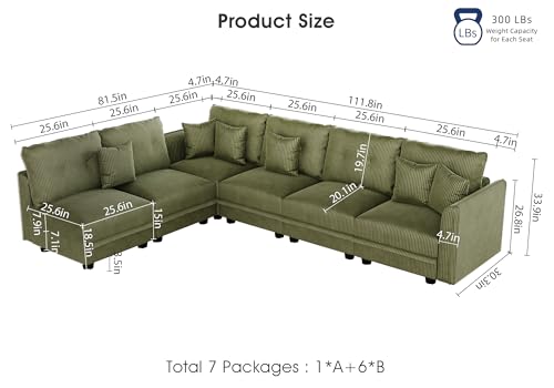 Image of LLappuil Corduroy Modular Sofa Set, 6-Seater Reversible L-Shaped Sectional Couch with Storage, Soft Fabric for Cozy Living Room, Apartment, Included Back Cushions & Throw Pillows, Green