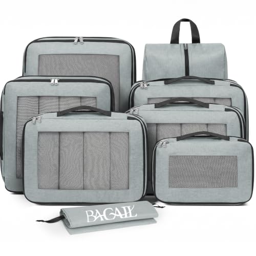 Image of BAGAIL Compression Packing Cubes for Travel Essentials, 8 Set-Gray | Tear‑Resistant Fabric, Space‑Saving, Visible Mesh Panel, Vibrant Color Choices, Travel, Camping & Cruise, Home Storage