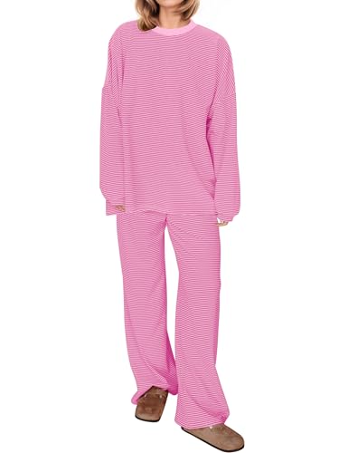 Image of MISSACTIVER Women's 2 Piece Striped Lounge Set Long Sleeve Oversized T-Shirt Wide Leg Pants Matching Pajamas Set