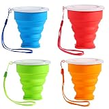 Faltbare Silikon-Becher, Faltbecher Reisebecher, Camping Tasse mit Kunststoff-Deckel und Lanyard, Wiederverwendbar Tragbares Tassen-Set für Picknick Camping Wandern Reisen 4 Stück