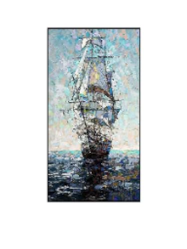 Paysage marin abstrait sur grande toile de lin 80 x 160 cm
