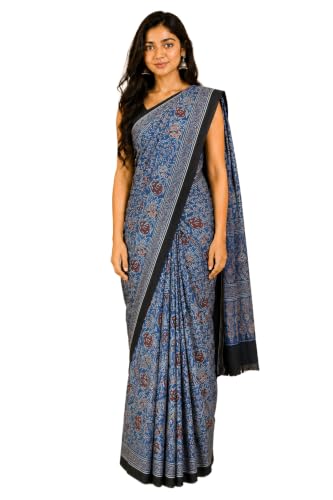 Image of Ethnics of Kutch Womenss Ajrakh Modal Silk Natural Dye Hand Block Print Saree with Blouse Piece - 5.5 Mtr Length