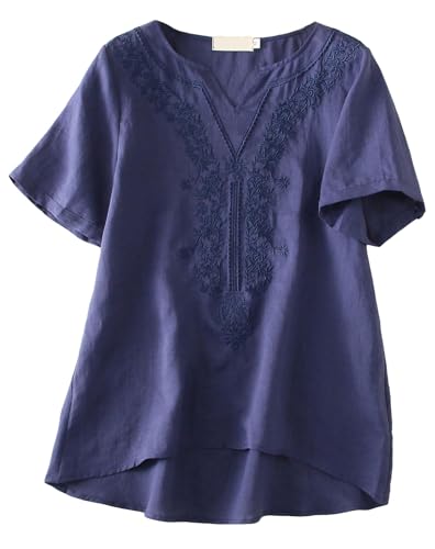Minibee Women's Linen Shirts Summer Boho Tops Cotton Blouse V Neck Short Sleeve Embroidered Tunic