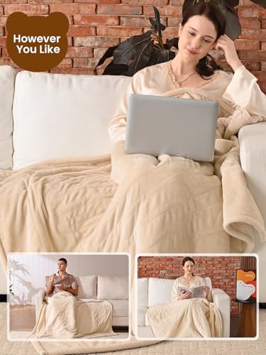 Image of Bearhug Electric Blanket Throw Size, 50 inch x 60 inch Heated Blanket with 6 Heating Levels & 4H Auto Shut-Off, Machine Washable Soft Velvet to Sherpa Reversible Heated Throw for Office, Couch and Sofa Beige