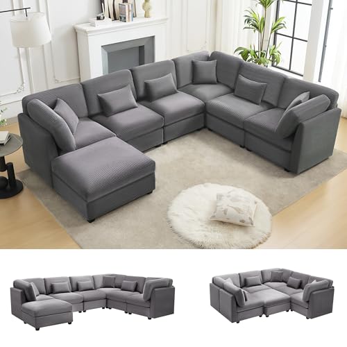 125 Inch Oversized Corduroy Cloud Couch, U Shaped Modular Sectional Sofa, 7 Seat Convertible Modular Sleeper Sofa Couch with Storage, Sectional Couches for Living Room, Grey