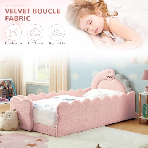 Image of Twin Size Kids Bed with Dinosaur Headboard, Upholstered Boucle Fabric Twin Daybed with Slats Support & Side Pocket, Space-Saving Wooden Corner Sofa Couch Day Bed Frame for Girl, Boy, Teenager(Pink)