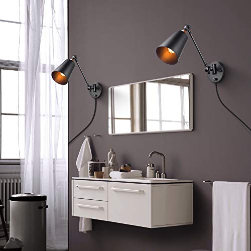 Elibbren Vintage Plug in Wall Sconce 2 Pack, Industrial Edison Wall Light with 5.9FT Plug in Cord with On Off Switch, Rustic Vanity Bedroom Swing Arm Wall Light Fixtures - Thumbnail 7