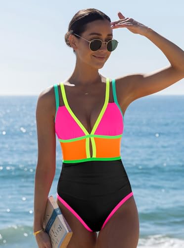 Image of popvil Women One Piece Swimsuit 2026 Tummy Control Sexy Cutout Neon Color Block Bathing Suit Slimming Adjustable Swimwear