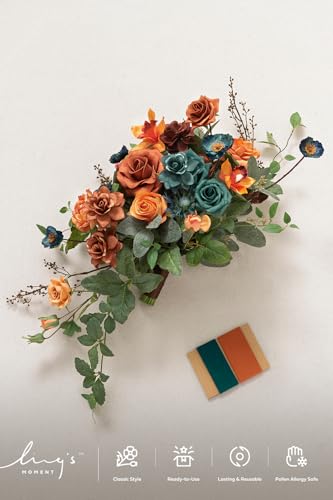Ling’s moment Teal Brautstrauß Kaskadierend, gebrannte orange Hochzeitssträuße für die Braut, 13 Zoll Terrakotta Rost Herbst Künstlicher Hochzeitsblumenstrauß