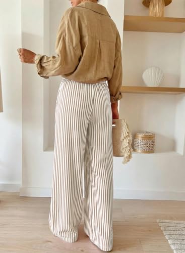 Image of Acelitt Women Casual Drawstring Elastic Waist Striped Wide Leg Pants with Pockets, S-XXL