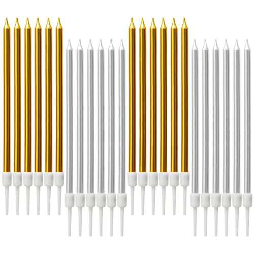 BEZANU Birthday Candles, 24PCS Silver & Gold Long Thin Metallic Cake Candles for Birthday, Wedding, Anniversaries (13cm/ 5in)