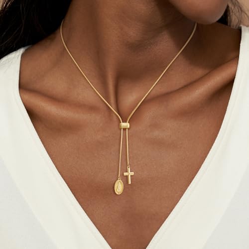 Image of CHESKY Long Necklaces for Women, 14k Gold Plated /Streling Silver Lariat Necklace Dainty Statement Prom Necklace Rosary Cross Sun Drop Pendant Dangle Necklace Gold Prom Jewelry for Women Gifts