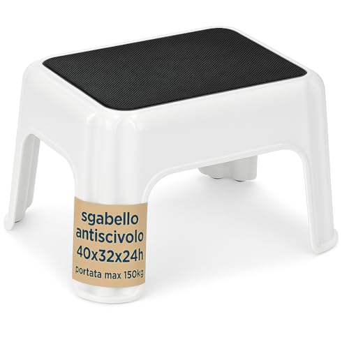 Tomaino - Sgabello in plastica antiscivolo multiuso - Sgabellino da bagno basso bianco per bambini - comodo poggiapiedi anziani - gradino da camper (BASSO 24h cm ANTISCIVOLO)