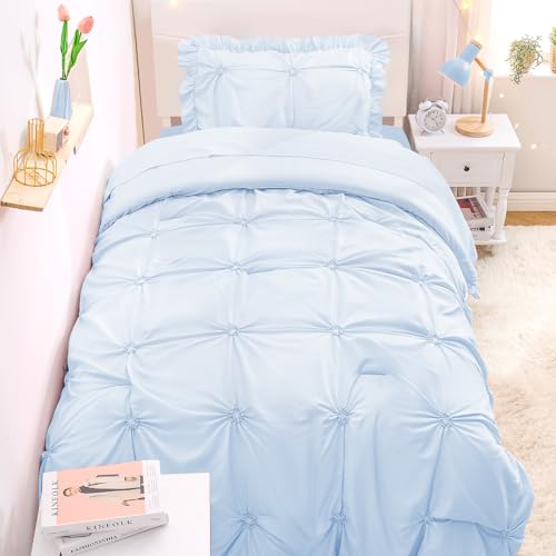 Image of Twin Comforter Set for Girls, Boho Pintuck Bedding Comforter Sets, 4 Pieces Ruffles Jacquard Embroidery Twin Bedding Sets with Comforter, Fitted Sheet, Flat Sheet and Pillowcase, Blue