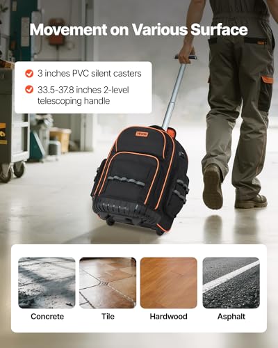 Image of VEVOR Rolling Tool Backpack, 110 lbs Load Capacity, 45 Pockets Heavy Duty Roller Tool Bag on Wheels, Adjustable Telescoping Handle & Stable Base, Toolbag Organizers for Construction, Mechanic