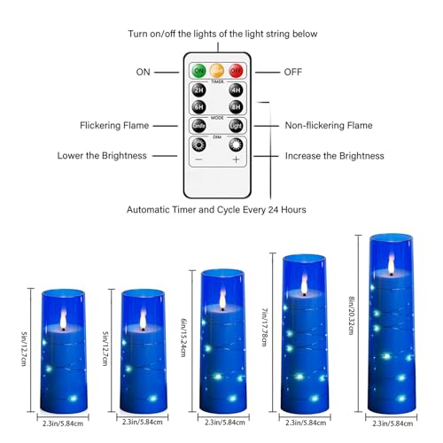 Image of kakoya Flameless LED Candles with Timer 5 Pc Flickering Flameless Candles for Romantic Ambiance and Home Decoration Stable Acrylic Shell,with Embedded Star String,Battery Operated Candles(Blue)