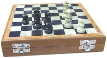 India Stone Handicraft Chess Set 8" inch ~ Indian Handmade Unique Gift Chess Board with Wooden Base with Stone Inlay & Stone Pawn Pieces Game Chess Set Hand Carved Gorara Soapstone Marble Chess Set