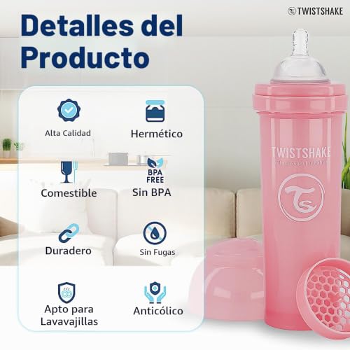 Twistshake 2 x Biberão anticólico com recipiente de leite em pó e misturador – 330 ml | Tetina de silicone de fluxo rápido, babete sem BPA, 4 meses | Rosa