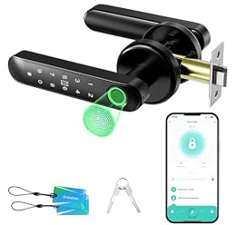 Evanshow Fingerprint Door Lock Biometric Door Knob with Keypad Keyless Entry, 5-in-1 Door Locks for Bedrooms(Fingerprint/App/Code/Key/IC Card), Home Hotel Office Apartment Black