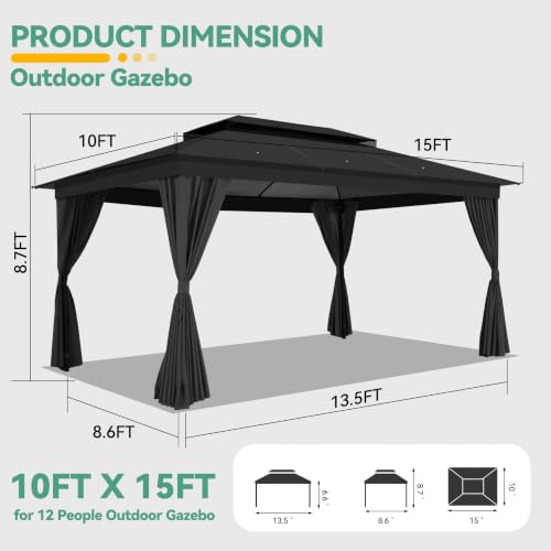 Image of COBIZI 10x15 Outdoor Patio Gazebo with Privacy Curtains, Black