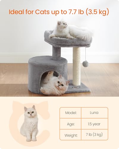 Feandrea Cat Tree, Small Cat Tower with Sisal Scratching Post, Plush Condo with Padded Perch, for Small Spaces, Kittens, Light Gray UPCT50W - Image 4