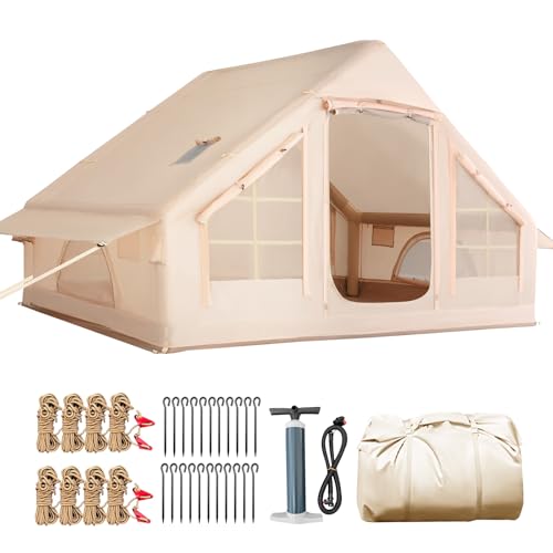 Yoleny Inflatable Tents for Camping, 4 Person Waterproof Oxford Blow Up Tent, Easy Setup with Hand Pump, Portable Cabin Tent with Stove Jack