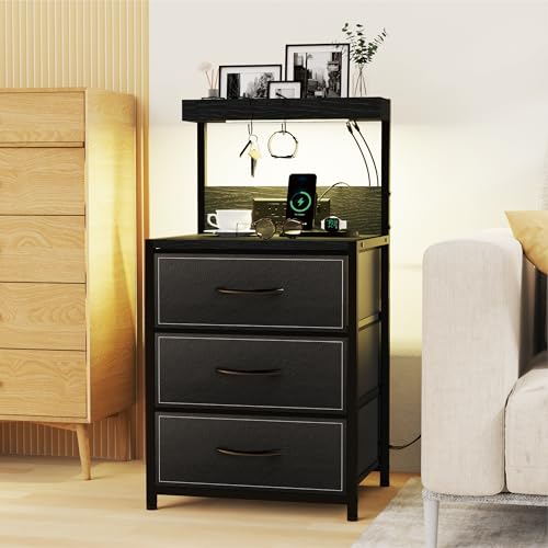 SZLHANJZ LED Nightstand Set of 2, Dresser Nightstand with 3 Drawers and Type C Charging Station, Storage End Table with Shelf and Hooks, Large Bedside Table for Dorm Bedroom, Black