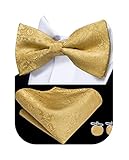 Dubulle Mens Paisley Floral Bow Ties Silk Pre-tied Bowtie for Men with Pocket Square Cufflinks Wedding Party,Gold