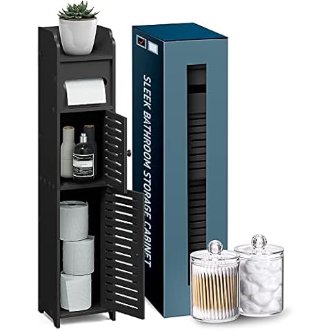 StorageBud Bathroom Storage Organizer - Floor Standing with Shelves - Includes 2 Apothecary Jars - Tall Bathroom Storage Cabinet for Toilet Paper, Towel & Other Bathroom Storage Accessories - Black Cover