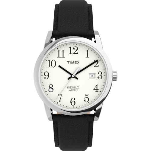 Timex Men's TW2P75600 Easy Reader 38mm Black/Silver-Tone/White Leather Strap Watch