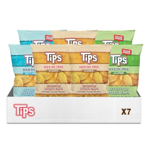 Image of TIPS Potato Chips Variety Pack | 7-Pack Family Size (5 oz Bags) - Classic Sea Salt, Salt & Vinegar, Jalapeno - Seed Oil Free, Tallow Cooked, Gluten Free