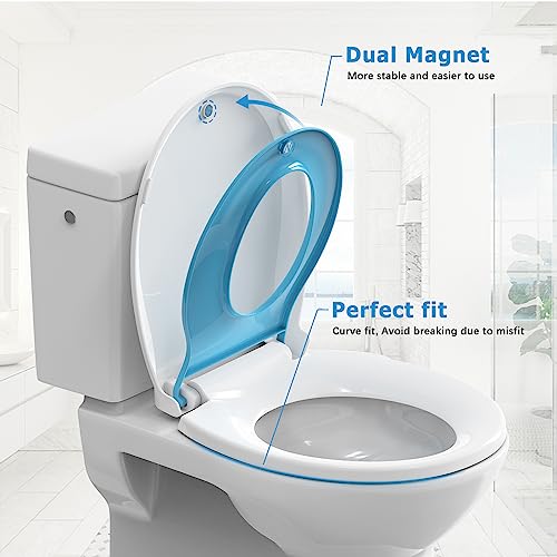 Toilet Seat, Round Toilet Seat with Toddler Seat Built in, Potty Training Toilet Seat Round Fits Both Adult and Child, with Slow Close and Magnets- white and blue