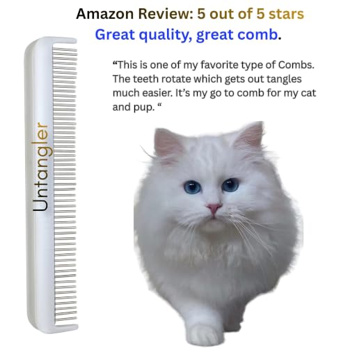 Image of Cat Comb - 7 inch Dual-Spaced with Silky Smooth Rotating Teeth (White Sheen), Stainless Steel, for Cat Hair and Fur